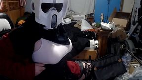 Crossdresser storm trooper mask spread eagle pumping cock