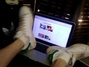 Apple laptop worships Adidas Stan Smith sneakers, white socks, boy's feet fetish, twink's legs