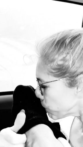 Iconic moment from &quot;Blonde MILF Licks the Driver&#039;s Feet and Sniffs Socks. Foot Fetish Car. Deepthroat for toes!&quot;
