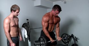 Muscular male and his new partner hook up  at the locker room