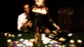 Three poker players put a brunette on table to fuck her