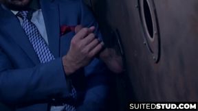 Classy hunk slurps gloryhole cock before getting drilled