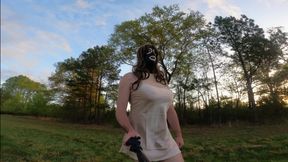 Fake tits Crossdresser Jon Scarecrow in lingerie having a walk and a wank in an open field