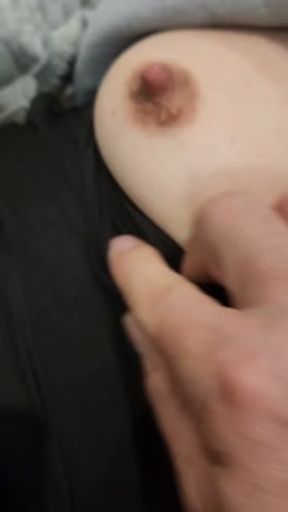 he caresses my little pussy and my tits. close up video, unshaved pussy