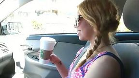 Happy kinky blonde with braids and sunglasses gives nice blowjob