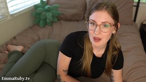 Tattooed girl with glasses Emma Ruby dildoing her pussy on cam during ASMR roleplay