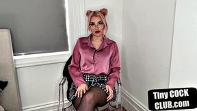 British dominatrix humiliates tiny cock submission with glasses and stockings on