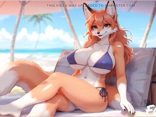 furry foxy nude on beach relaxing (Ai model)