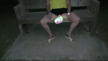 Very public walk with bright lights tail butt plug at the beach. We talk to passers by