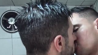 Gay Latino friends make out bareback in the hot shower