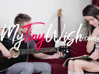 Darksome-haired teen in hot socks desires to learn how to play guitar, ends up enjoying anal