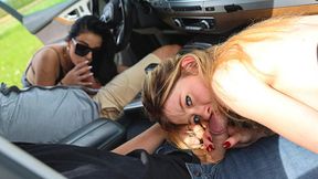 Brunette &amp; blonde babes sloppy blowjobs, pounded doggy outdoors at Swhores