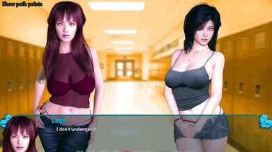 Animated redhead and brunette tease in a vibrant 3D school corridor