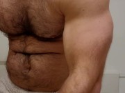 THICC muscle bear flexing in white towel before shower!