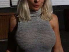 Non stop blonde with big boobs cock jerks off on the bed