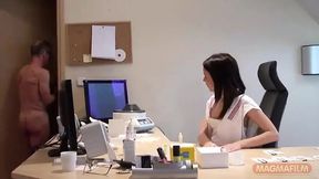 Receptionist takes sperm sample and gets horny