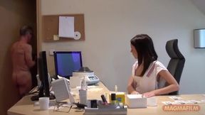 Receptionist takes sperm sample and gets horny