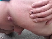 In a mini dress shows pussy, anus and shows golden shower