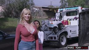 Busty blonde Dana got to share his big cock with an asian friend