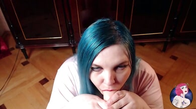 Blue-haired tattooed woman gives worshipful oral on dildo and man in cumshot compilation