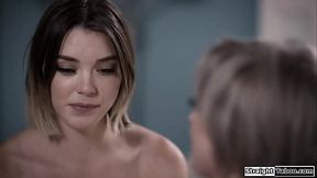 Teens facesit and scissor when her stepmoms friend walks in