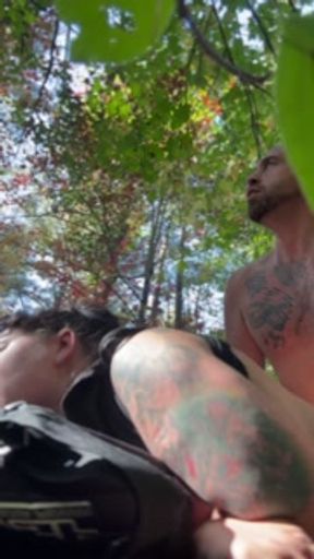 Riding the bull in the woods pounding pussy for double organisms
