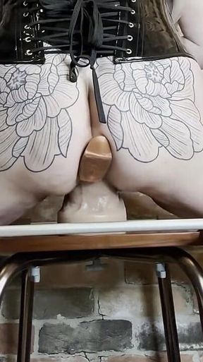 Riding Huge Dildo with Plug Stuffed in Loose Piggy Ass