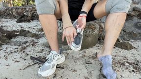 White Sneakers Ruined in Mud — Dirty Socks Reveal, Sandy Feet & Soaked Shoes Walk of Shame