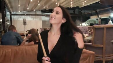 Two Brunette Girls Use Remote Control On Shaved Pussy In Night Club Public Outside