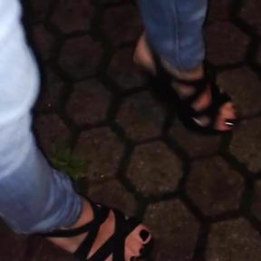 public cumshot and walking in 6inch platform sandals