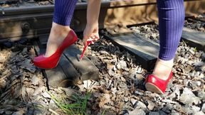 High heels broken on railways, high heels full destruction, high heels on railways, wrecked high heels