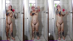 curious goddess - taking a shower, showing the so-les of her feet, her small breasts, her hairy pussy and big ass