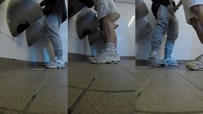 amateur boys in sneakers wank and try handjob in public toilets  urinal