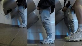 amateur boys in sneakers wank and try handjob in public toilets  urinal