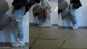 amateur boys in sneakers wank and try handjob in public toilets  urinal