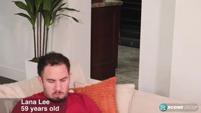 Mature platinum woman gives blowjob and shows off big tits to younger guy