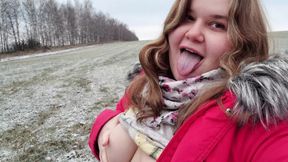 Cute BBW sucked off in nature and got cum in her mouth - teases with big natural tits