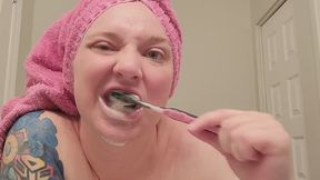 Toothbrushing topless with Pink Hair Towel