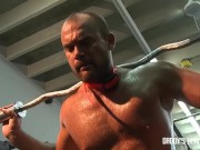 Jessie Balboa has weights tied to his balls at the gym