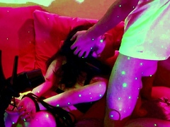 Amateur blowjob by busty brunette in black bra panties