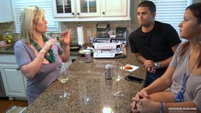 Horny redhead MILF enjoys sucking and fucking two cocks in threesome orgy