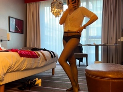 Amateur CD in white lingerie solo