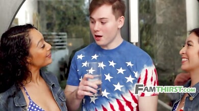Stepsisters Amber Summer and Sarah Lace share a patriotic threesome with their brother