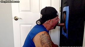 Real tattooed gloryhole DILF sucks cock in homemade sex