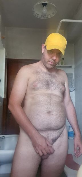 Naked Boy in Bathroom with Yellow Hat