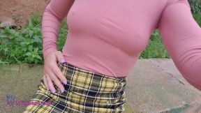 Blonde Teen Uspkirt with No Panties Outdoors Pussy