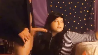Crossdresser deepthroats nine-inch daddy cock in bareback blowjob