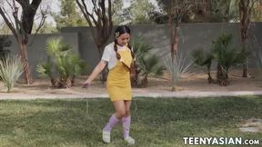 Asian teen Elle Voneva doggystyle hard fucked in threesome