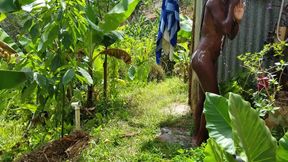 Black Beauty Sun Bathing In Public & Showering Outdoors In Paradise - No Face Girl