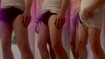 Amateur boy jerks-off in the bathtub as he watches his flatmate piss on himself and wet his t-shirt